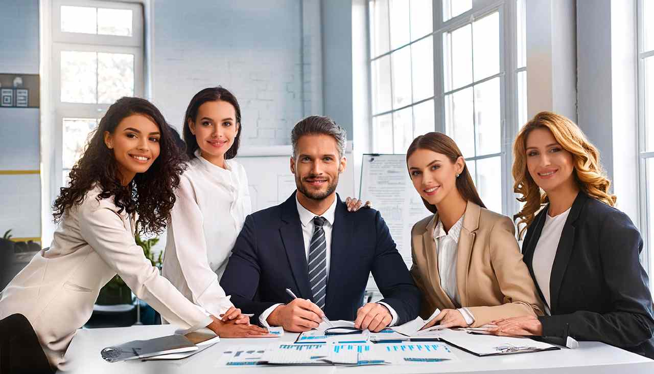 Accounting Team of men and women at work posing for a photo in office Accounting Team of men and women at work posing for a photo in office